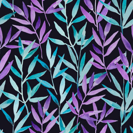Seamless pattern with watercolor blue and purple branches. Hand painted design print for decor and invitations. High quality illustrationの写真素材