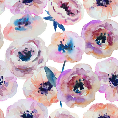 Watercolor seamless pattern with abstract delicate spring garden anemone flowers. High quality paintingの写真素材
