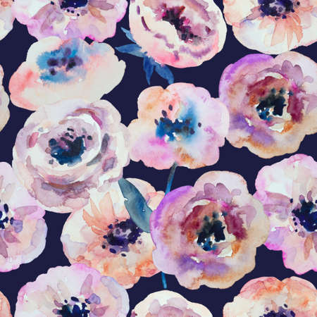 Watercolor seamless pattern with abstract delicate spring garden anemone flowers. High quality paintingの写真素材