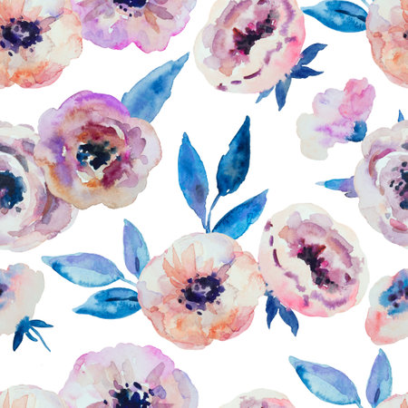 Watercolor seamless pattern with abstract delicate spring garden anemone flowers. High quality paintingの写真素材
