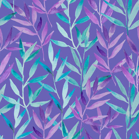 Seamless pattern with watercolor blue and purple branches. Hand painted design print for decor and invitations. High quality illustrationの写真素材