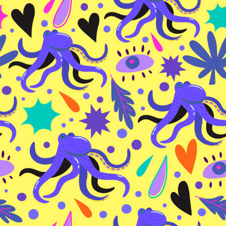 Psychedelic seamless pattern with doodle colorful design elements. Abstract simple shapes, hearts and octopus. Vector illustrationのイラスト素材