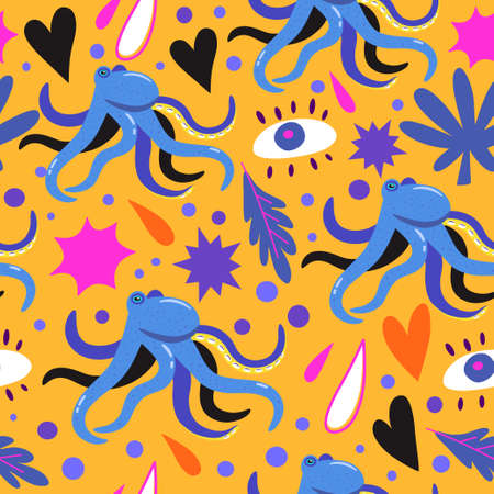 Psychedelic seamless pattern with doodle colorful design elements. Abstract simple shapes, hearts and octopus. Vector illustrationのイラスト素材