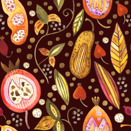 Watercolor seamless pattern with pods, seeds, fruits and leaves. Autumn cute doodle background for design and textile. High quality photoの写真素材