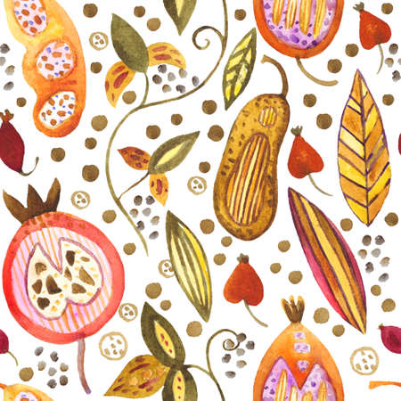 Watercolor seamless pattern with pods, seeds, fruits and leaves. Autumn cute doodle background for design and textile. High quality photoの写真素材