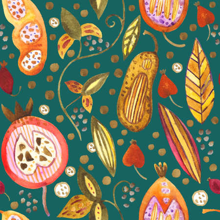 Watercolor seamless pattern with pods, seeds, fruits and leaves. Autumn cute doodle background for design and textile. High quality photoの写真素材