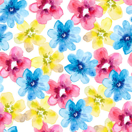 Watercolor seamless pattern with colorful abstract simple flowers. Cute festive floral print for design and fabric. High quality photoの写真素材