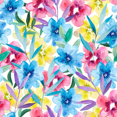 Watercolor seamless pattern with colorful abstract simple flowers. Cute festive floral print for design and fabric. High quality photoの写真素材