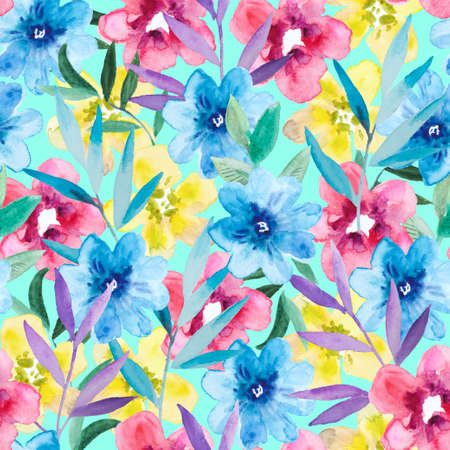 Watercolor seamless pattern with colorful abstract simple flowers. Cute festive floral print for design and fabric. High quality photoの写真素材