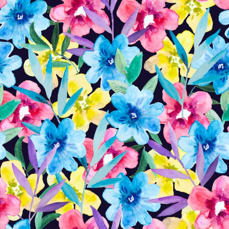 Watercolor seamless pattern with colorful abstract simple flowers. Cute festive floral print for design and fabric. High quality photoの写真素材