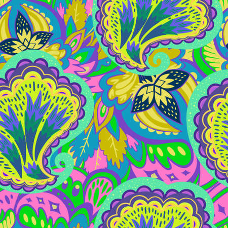 Colorful seamless pattern with crazy psychedelic organic abstract elements, print with plant and mushrooms motifs and bright neon colors . Vector illustrationのイラスト素材