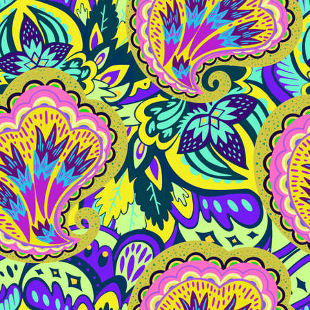Colorful seamless pattern with crazy psychedelic organic abstract elements, print with plant and mushrooms motifs and bright neon colors . Vector illustrationのイラスト素材