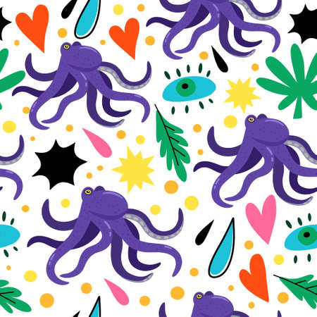 Psychedelic seamless pattern with doodle colorful design elements. Abstract simple shapes, hearts and octopus. Vector illustrationのイラスト素材