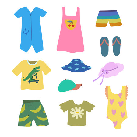 Set of cute summer beach children clothes in doodle cartoon style. Vector clip art for design. Hand drawn illustration.のイラスト素材