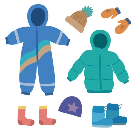 Set of cute winter children clothes in doodle cartoon style. Vector clip art for design. Hand drawn illustrationのイラスト素材