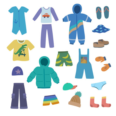 Set of cute boy clothes in doodle cartoon style. Vector clip art for design. Hand drawn illustrationのイラスト素材