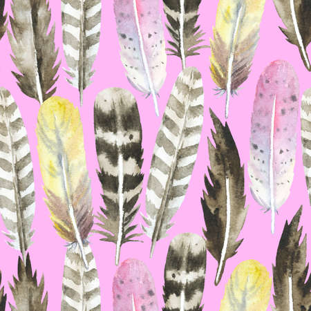 Boho seamless pattern with watercolor painted colorful feathers. Original background for design and fabric. High quality illustrationの写真素材