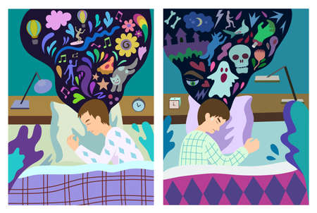 Concept of healthy sleep and sleep with nightmare. Sleeping man in bed with happy dream and man with sleep disorders. Colorful cartoon vector illustration.のイラスト素材