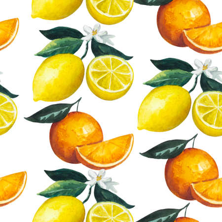 Seamless pattern with citrus fruits, lemon and orange with leaves and flowers. Watercolor illustration for design and textile. High quality illustrationの写真素材