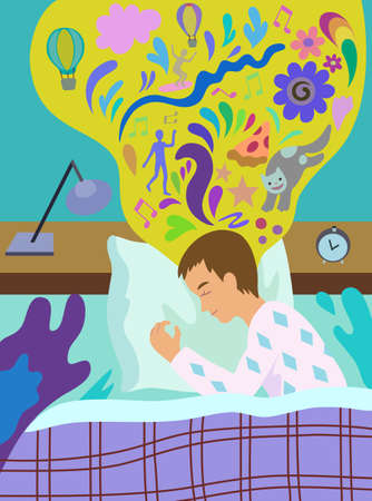 Concept of healthy sleep. Sleeping man in bed with happy colorful interesting dreams. Cartoon original vector illustration.のイラスト素材