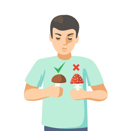 A young man holds a poisonous mushroom in one hand, an edible mushroom in the other. Vector illustrationのイラスト素材