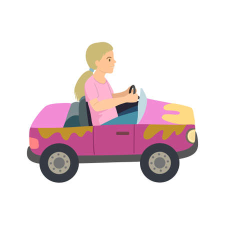The girl is driving a children car. Illustration isolated on white background. Vector drawingのイラスト素材