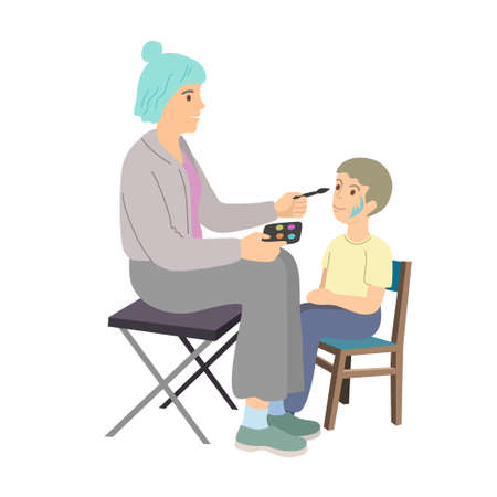 Young woman make face painting for little preschool boy. Face painting party illustration in cartoon style. Vector drawingのイラスト素材