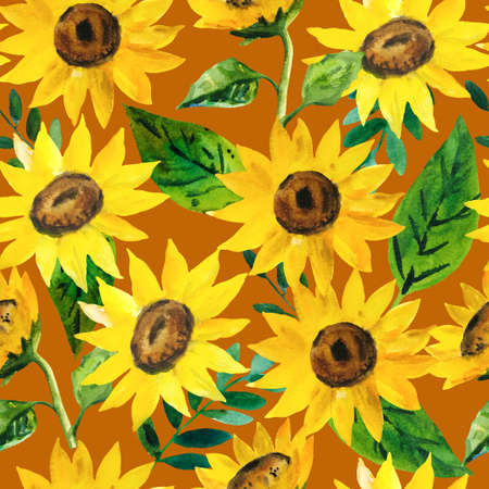 Watercolor seamless pattern with bright yellow sunflowers and green leaves. High quality paintingの写真素材