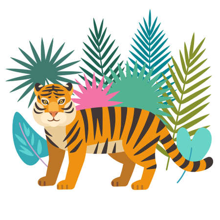 Cute wild tiger in jungle isolated on white background. Vector hand drawn illustration.のイラスト素材