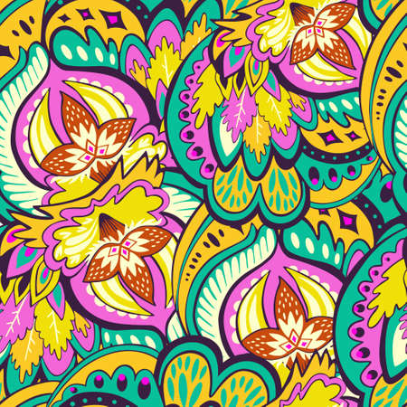 Colorful seamless pattern with crazy psychedelic organic abstract elements, print with plant and mushrooms motifs and bright neon colors . Vector illustrationのイラスト素材
