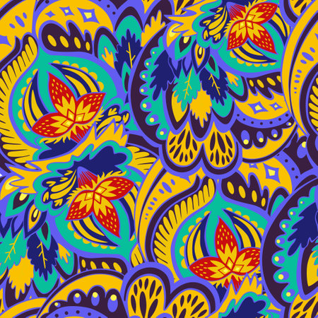 Colorful seamless pattern with crazy psychedelic organic abstract elements, print with plant and mushrooms motifs and bright neon colors . Vector illustrationのイラスト素材
