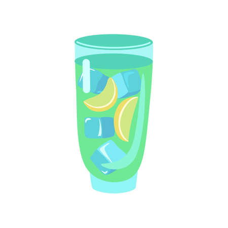 Glass of lemonade with ice and lemon slices isolated on white background. Vector cartoon simple illustration.のイラスト素材