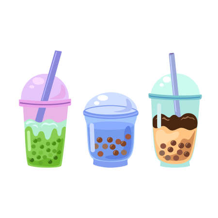 Set of bubble tea cup. Cartoon glasses of milk shakes. Asian food collection. Vector illustrationのイラスト素材