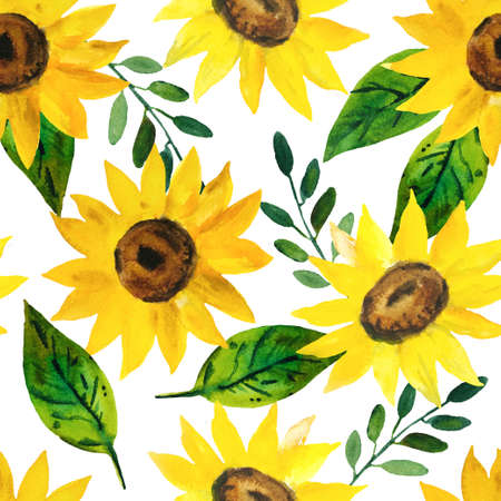 Watercolor seamless pattern with bright yellow sunflowers and green leaves. High quality paintingの写真素材