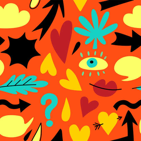 Seamless pattern with hand drawn doodle colorful design elements. Abstract simple shapes, hearts, arrows and leaves. Vector illustrationのイラスト素材