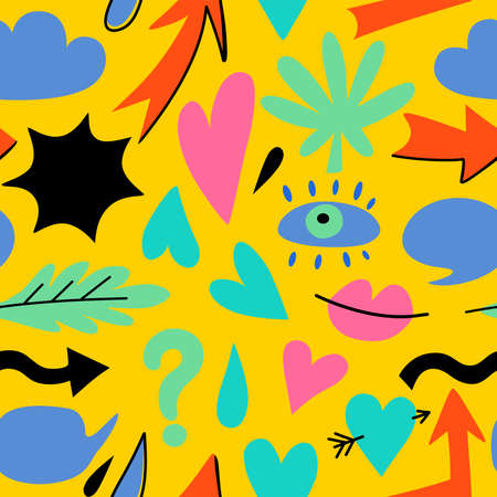 Seamless pattern with hand drawn doodle colorful design elements. Abstract simple shapes, hearts, arrows and leaves. Vector illustrationのイラスト素材