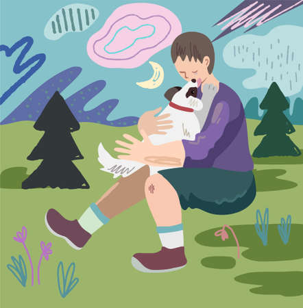 The boy found the lost dog. The child hugs a puppy on the background of nature. Vector doodle illustrationのイラスト素材