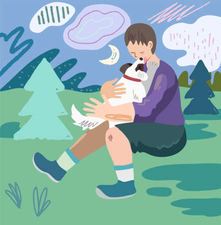 The boy found the lost dog. The child hugs a puppy on the background of nature. Vector doodle illustrationのイラスト素材