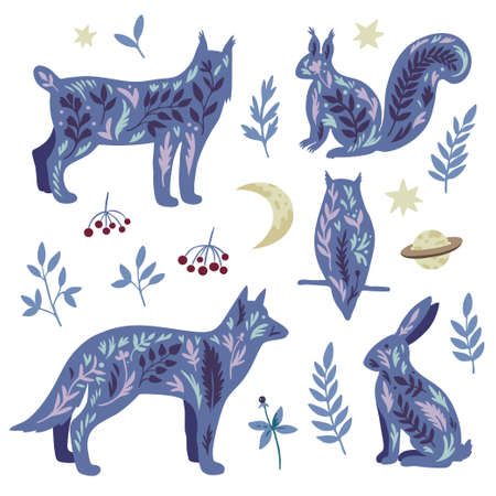 Set of mystic wild animals in doodle boho scandinavian style, owl, wolf and rabbit with stars and plant elements isolated on white background. Vector illustrationのイラスト素材