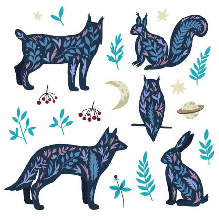 Set of mystic wild animals in doodle boho scandinavian style, owl, wolf and rabbit with stars and plant elements isolated on white background. Vector illustrationのイラスト素材