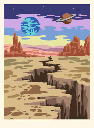 Fantasy cartoon landscape of alien planet in warm vibrant colors. Vector illustrationのイラスト素材