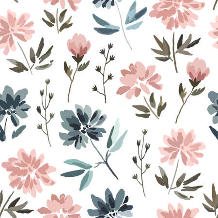 Seamless pattern with cute delicate pastel flowers in watercolor style isolated on white background. Vector illustrationのイラスト素材