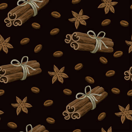 Seamless pattern with coffee, star anise and cinnamon sticks for design and decor. Vector illustrationのイラスト素材