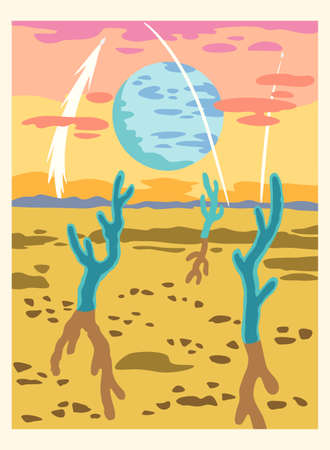 Fantasy cartoon landscape of alien planet in warm vibrant colors. Vector illustrationのイラスト素材