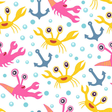 Cute seamless pattern with crabs.Cartoon doodle print with happy sea creatures for children and nursery textile and decor. Vector illustrationのイラスト素材