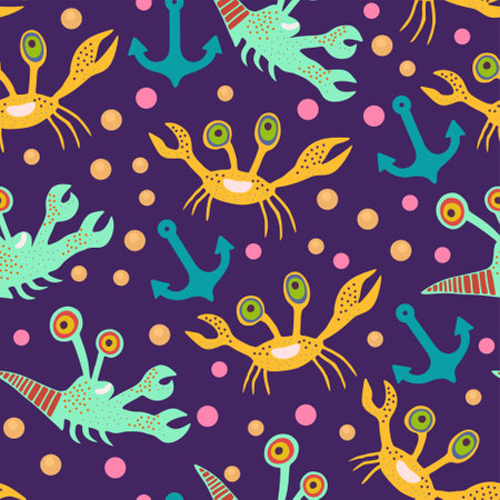 Cute seamless pattern with crabs.Cartoon doodle print with happy sea creatures for children and nursery textile and decor. Vector illustrationのイラスト素材