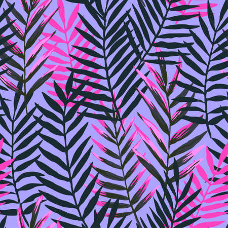 Seamless pattern with modern neon palm tropical leaves and plants for design and textile. Hand drawn vector illustrationのイラスト素材