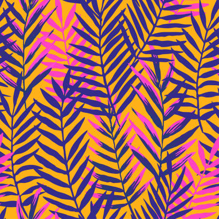Seamless pattern with modern neon palm tropical leaves and plants for design and textile. Hand drawn vector illustrationのイラスト素材