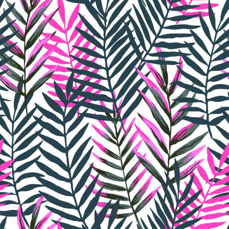 Seamless pattern with modern neon palm tropical leaves and plants for design and textile. Hand drawn vector illustrationのイラスト素材