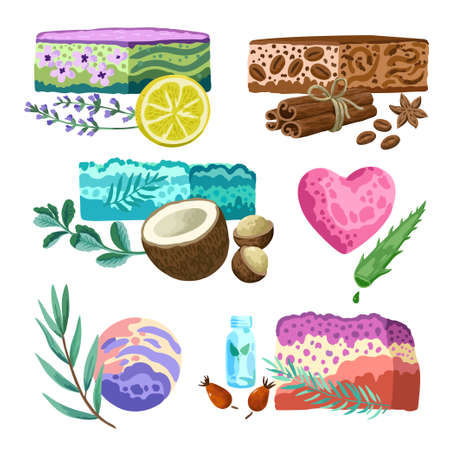Collection of colorful hand made soap illustrations isolated on white background. Vector hand drawn design elements.のイラスト素材